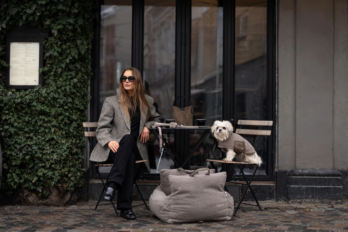 Woman at an outdoor cafe table with a shih tzu and a taupe Staey dog bed