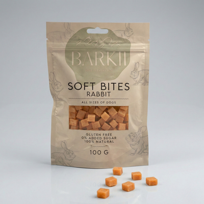 Barkii Soft Bites Rabbit 100 g pouch with soft treats beside it
