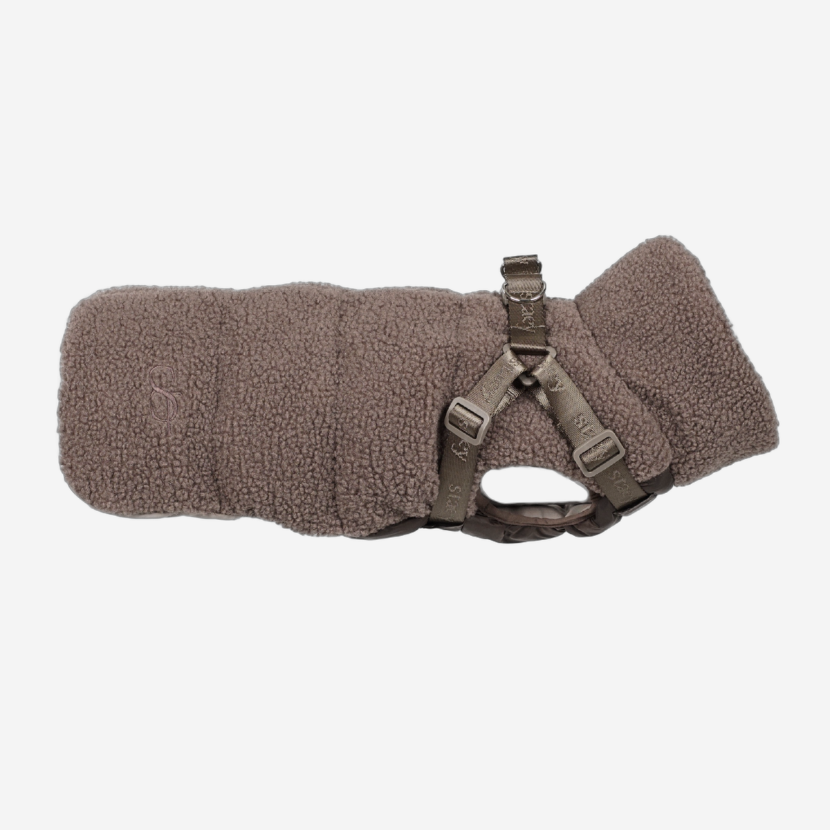 Clara quilted dog coat in dark brown teddy fleece with built-in harness