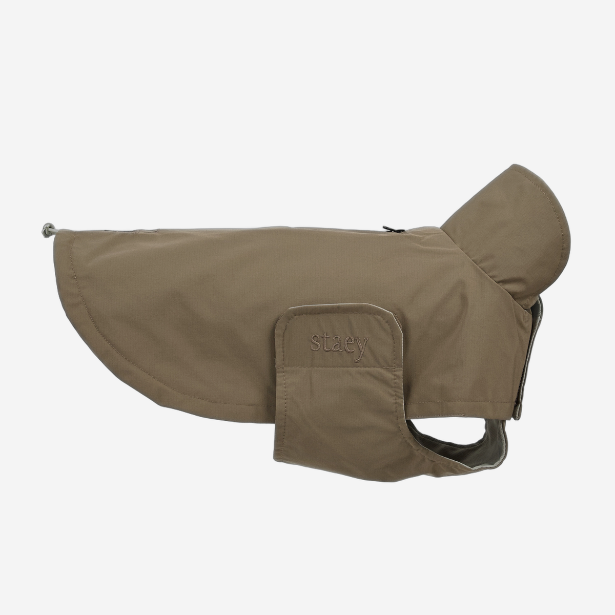 Taja dog rain coat in taupe with a high collar, side view
