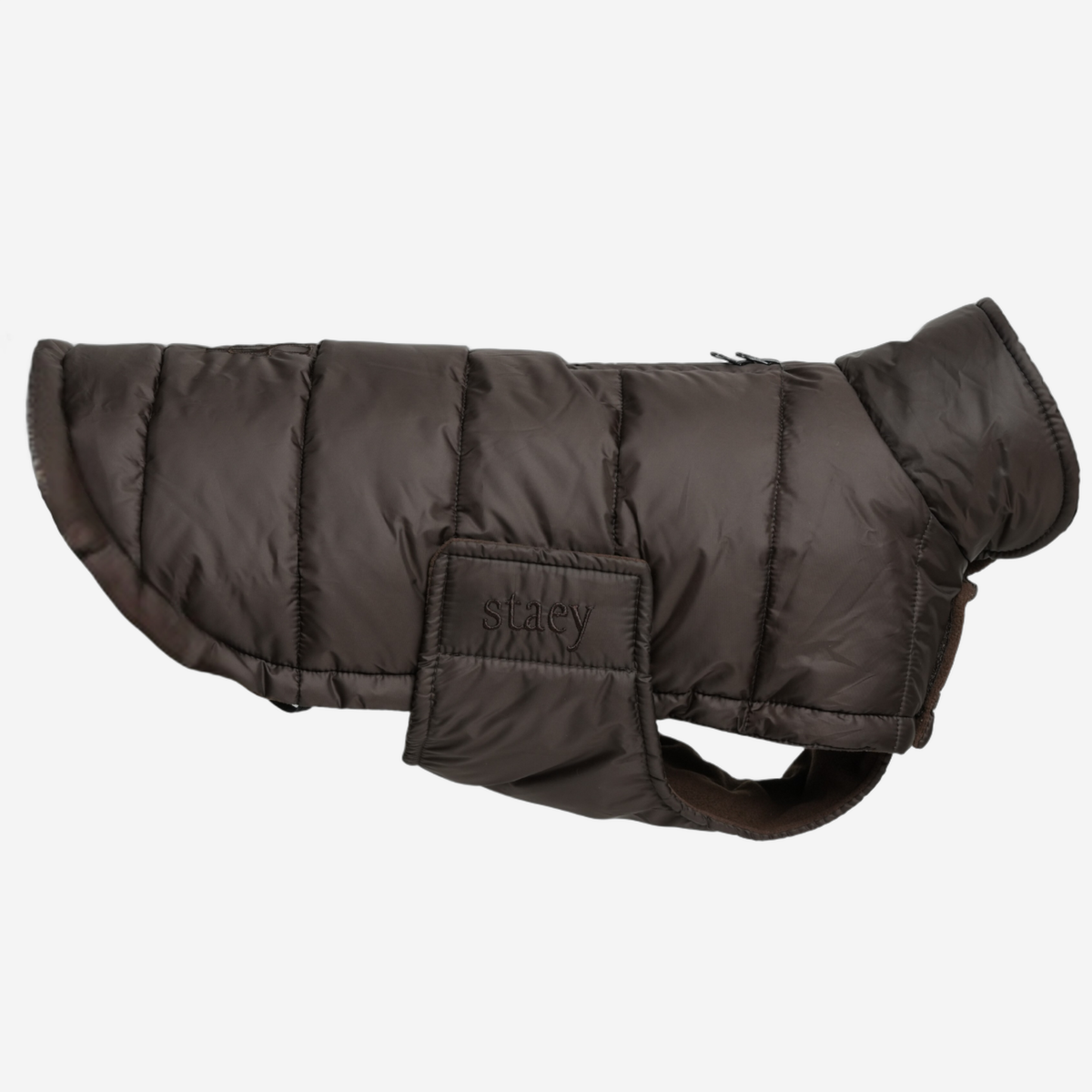Nora quilted dog coat in espresso with embossed Staey patch, side view