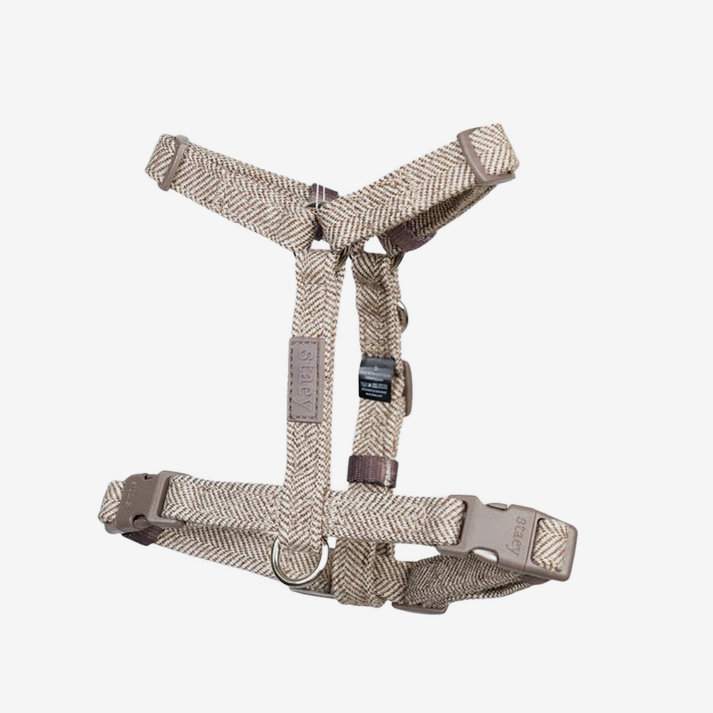 Tara H-strap dog harness in mocca herringbone with a click buckle